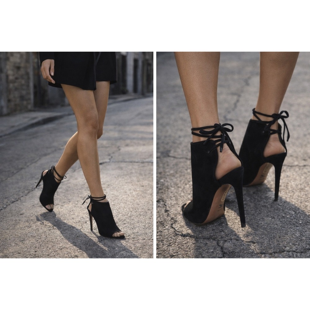 Aquazzura Suede‎ Sandals Women 7 Black Good Lace Up Peep Toe Stiletto IT 37